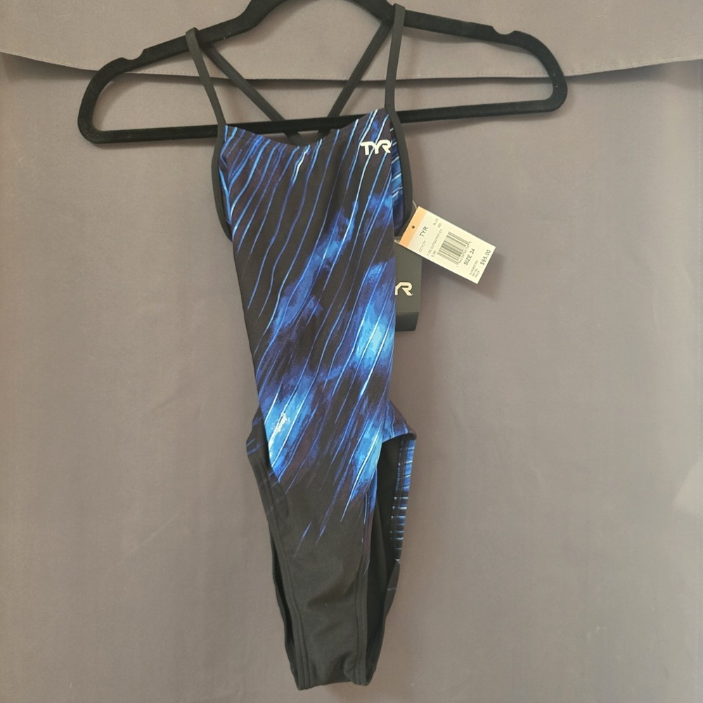 TYR  Cutoutfit One Piece Swimsuit Blue Black Durafast Elite Size 24 NWT